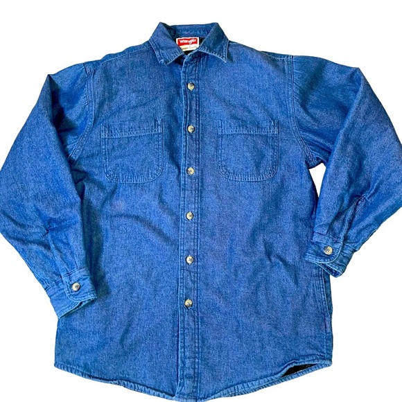 Wrangler Men’s Denim Trucker Jacket Blue Polyester Lined L Chambray Shacket - Picture 2 of 10